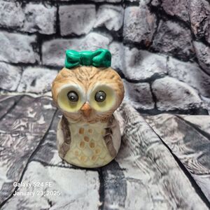 Vintage Ceramic Owl Bell Green Bow 3 Inch Brown Feathers Collectible EUC